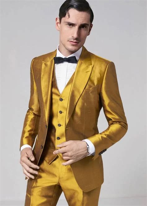 Latest Coat Pant Designs Gold Yellow Satin Men Suit Slim Fit Tuxedo 3