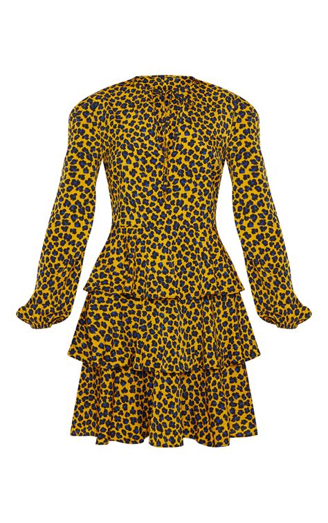 Mustard Leopard Frill Smock Dress Dresses Prettylittlething