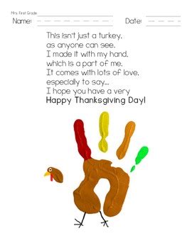 Free Thanksgiving Turkey Handprint Poem By Mrs First Grade Tpt