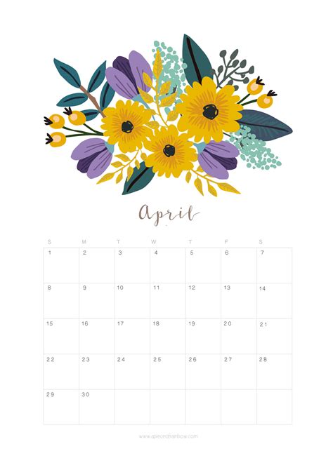 Printable April 2018 Calendar Monthly Planner Flower Design A Piece