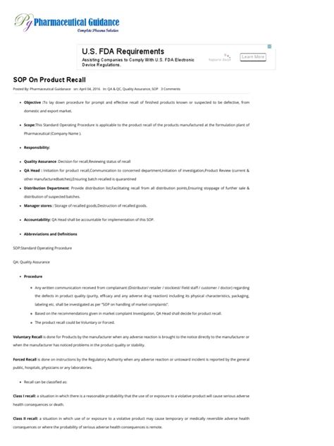 Sop On Product Recall Pharmaceutical Guidance Quality Assurance