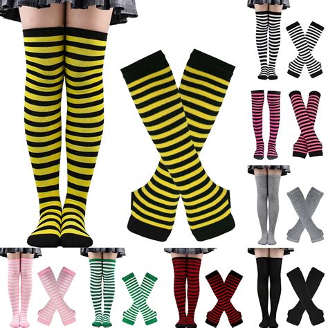 Set Women Girls Over Knee Long Stripe Printed Thigh High Cotton Socks