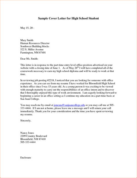Cover Letter Template For High School Students Resume Format