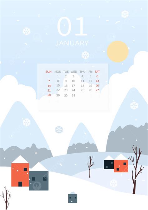 January 2024 Calendar White Snow Landscape Cartoon Style Template