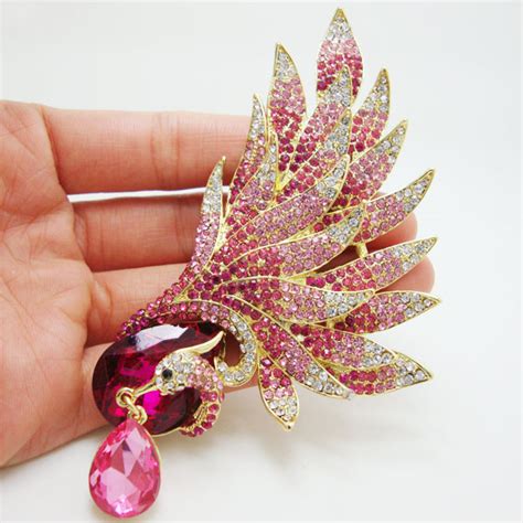 Beautiful Noble Pink Phoenix Bird Rhinestone Crystal Gold