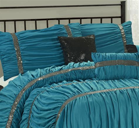 Hig 7 Piece Teal Ruched Pleat Embroidered Comforter Set