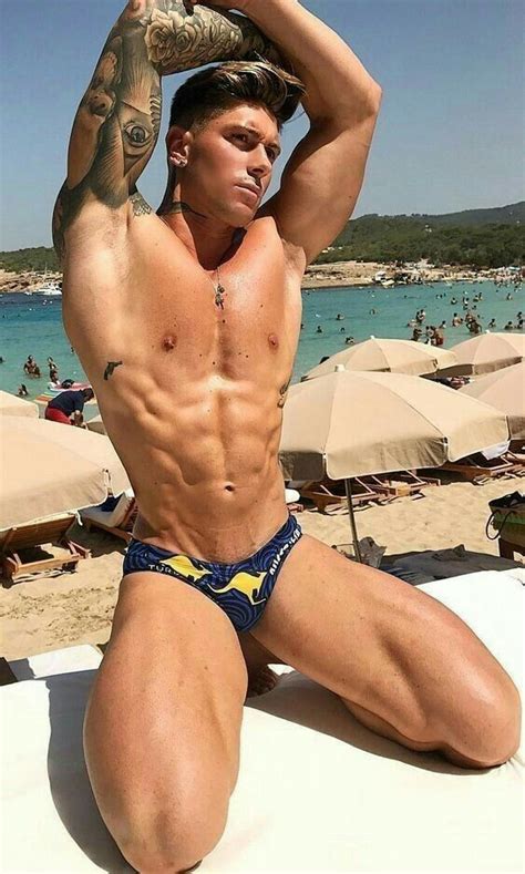 Shirtless Male Muscular Hunk Speedo Beach Guy Physique Beefcake Photo