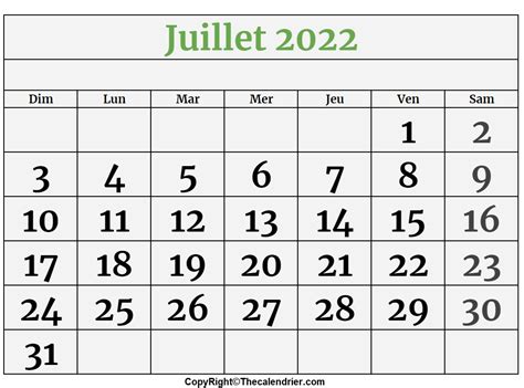 Calendrier Juillet 2022 à Imprimable The Calendrier