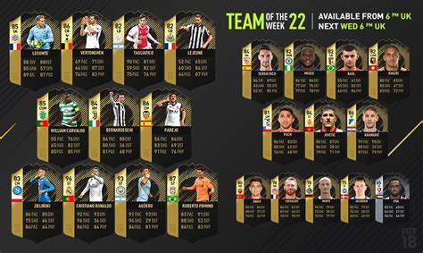 All in all, there are seven goalkeepers, 18 defenders, 19 midfielders and a whopping 26 forwards to choose from, so you better get your thinking cap on. FIFA 18 Team of the Week 22 - FIFPlay