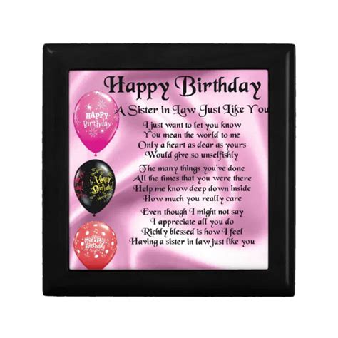 Sister In Law Poem Happy Birthday Design Keepsake Box Zazzle