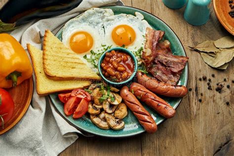 Classic English Breakfast Toasts Smoked Sausages Bacon Fried Eggs