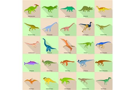 Dinosaur Types Signed Name Icons Set Flat Style 492110