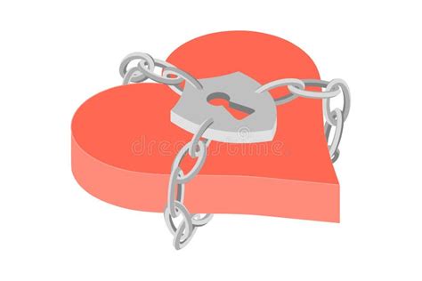 Red Isometric Heart Locked With Chain Romantic Concept For Valentine