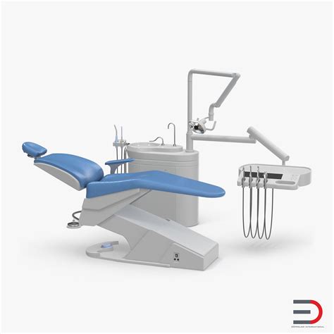 An Electric Dental Chair With Blue Seat And Backrests On A White