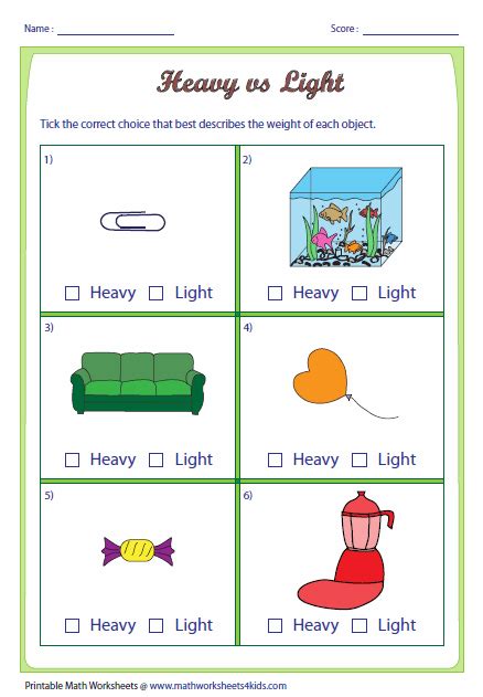 Heavy And Light Worksheets Kindergarten Measurement Activities Math