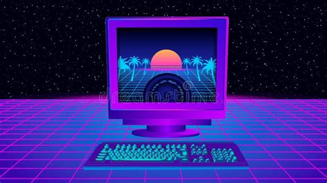Vaporwave Computer Retro Pc On Synthwave Classic Monitor And Retrowave
