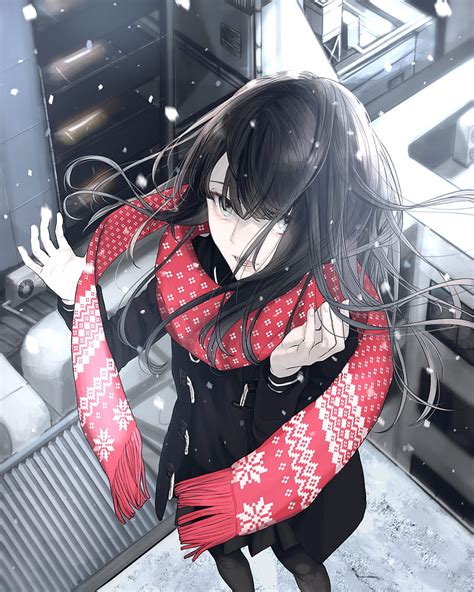 1920x1080px 1080p Free Download Snow Red Scarf Anime Girl Black