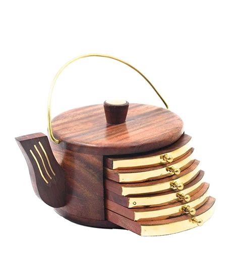 Wooden Coaster Set Of 6 Tea Pot Shape Coaster With Brass Design Coffee