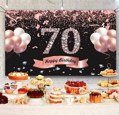 70th Birthday Decorations Women 7*5ft Black and Rose Gold 70 Birthday
