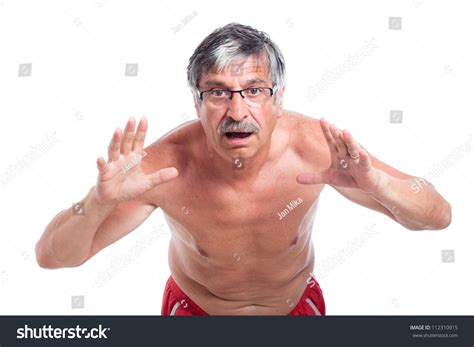 Shocked Shirtless Senior Man Gesturing Isolated Stock Photo Shutterstock