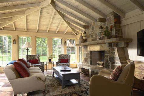Upstairs is where the bedrooms are located. Exposed Wood Truss Ceiling - Minnesota | Fireplace design ...