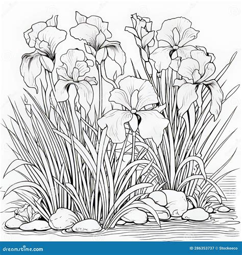 Serene Iris Garden Coloring Page with Engraved Line-work Stock