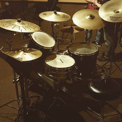 A Drum Set Up In A Recording Studio