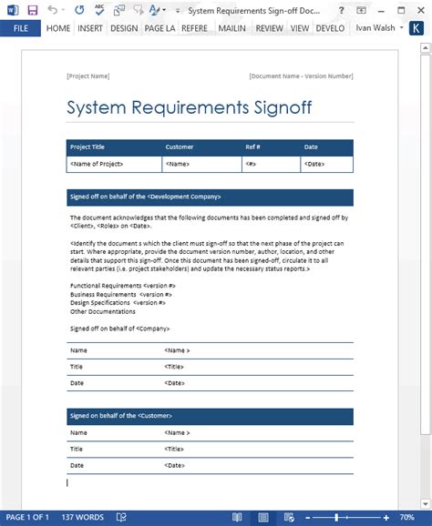 System Requirements Signoff Template Ms Word Templates Forms