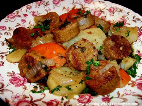 Watching What I Eat Dublin Coddle With Seitan Irish Sausages ~ Meatless Monday ~ Perfect For