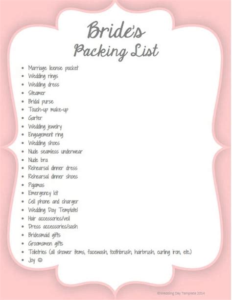 Printable Brides Packing List Etsy Uk Wedding Day Checklist
