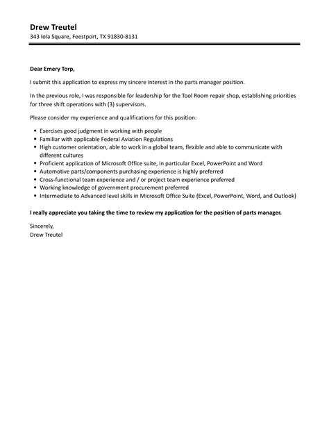 Parts Manager Cover Letter Velvet Jobs