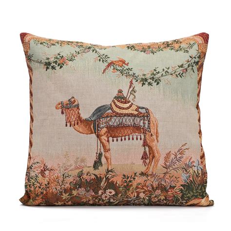 Luxury french tapestry decorative pillow featuring an adorable westie on a beige and scottish stripes background. French Tapestry Camel Pillow | Gump's