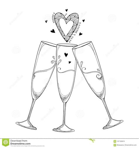 Vector Illustration With Three Contour Toasting Champagne Glass And Ornate Heart In Black