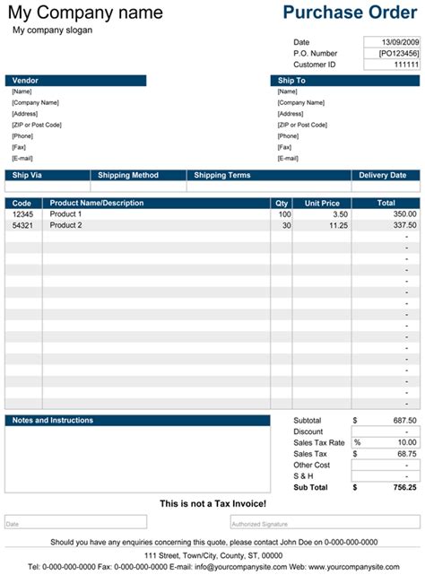 Purchase Order List Excel Template