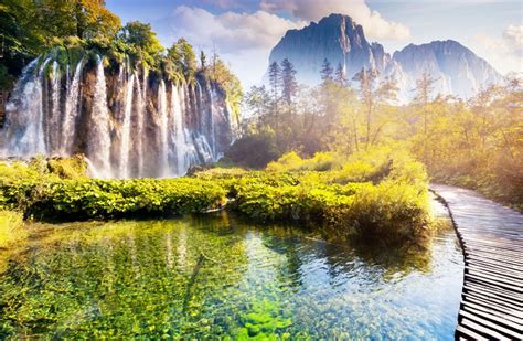 4k 5k Plitvice Croatia Parks Waterfalls Mountains Scenery Crag