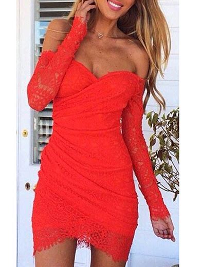 red bodycon lace dress long sleeves off the shoulder