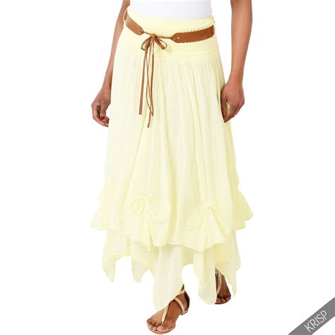 womens belted boho gypsy tiered asymmetric hitched hem long maxi skirt festival