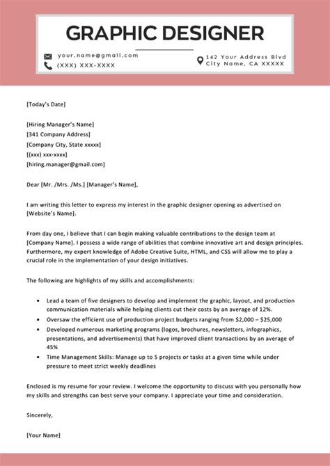 Typically, a cover letter's format is three paragraphs long and includes information like why you are applying for the position, a brief overview of your professional background and what makes you. Graphic Design Cover Letter Sample | Free Download ...