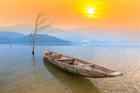 Fishing Boat In The Big Lagoon At Sunset Sky Stock Image Image Of