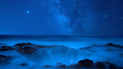 Hd Wallpaper Sea Starry Sky Night Waterfall