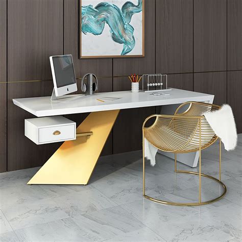 63 White And Gold Office Desk Modern Writing Desk With One Drawer