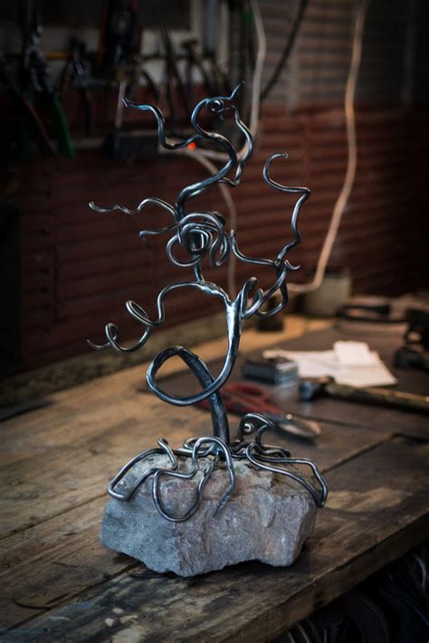 Bonsai Tree Metal Sculpture With Rock Base Blacksmith Metal Art By