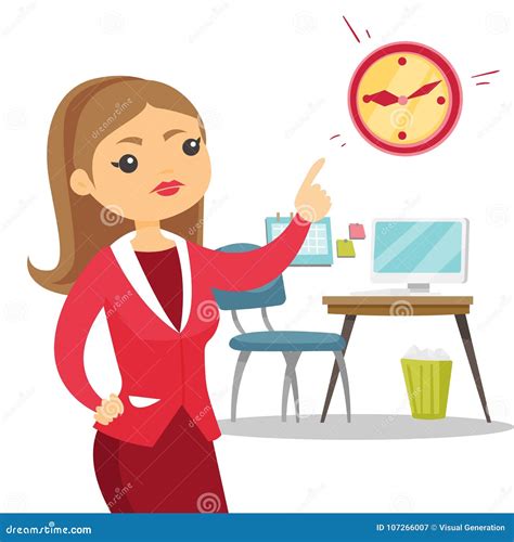 Angry Caucasian Employer Pointing To Time On Clock Stock Vector
