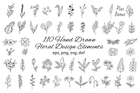 110 Hand Drawn Floral Design Elements 159724 Illustrations Design