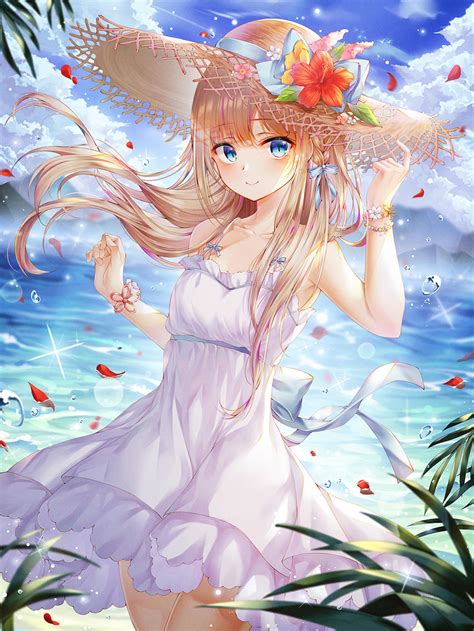 Blue Eyes Long Hair Anime Girls Anime Hat Dress Sun