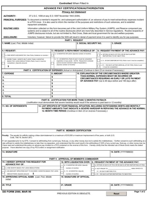 Dd Form 2560 Advance Pay Certificationauthorization Dd Forms