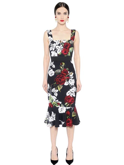 Dolce And Gabbana Rose Printed Cady Dress In Red Lyst