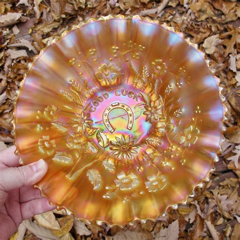 Antique Northwood Good Luck Marigold Carnival Glass Pce Bowl Carnival