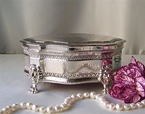 Vintage Silver Plate Jewelry Box Burgundy Lining Etched Jewelry Box
