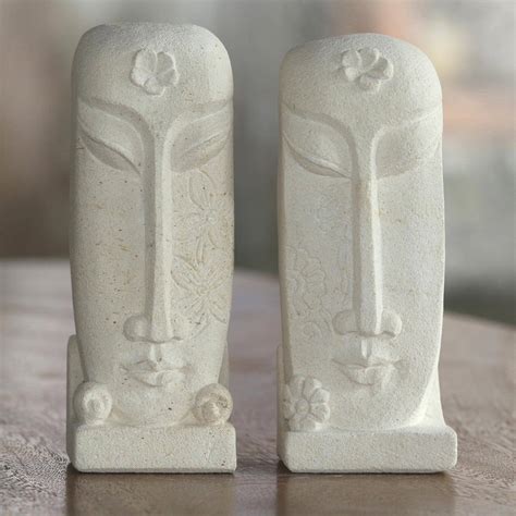Pair Of Hand Carved Sandstone Face Sculptures From Indonesia Harum